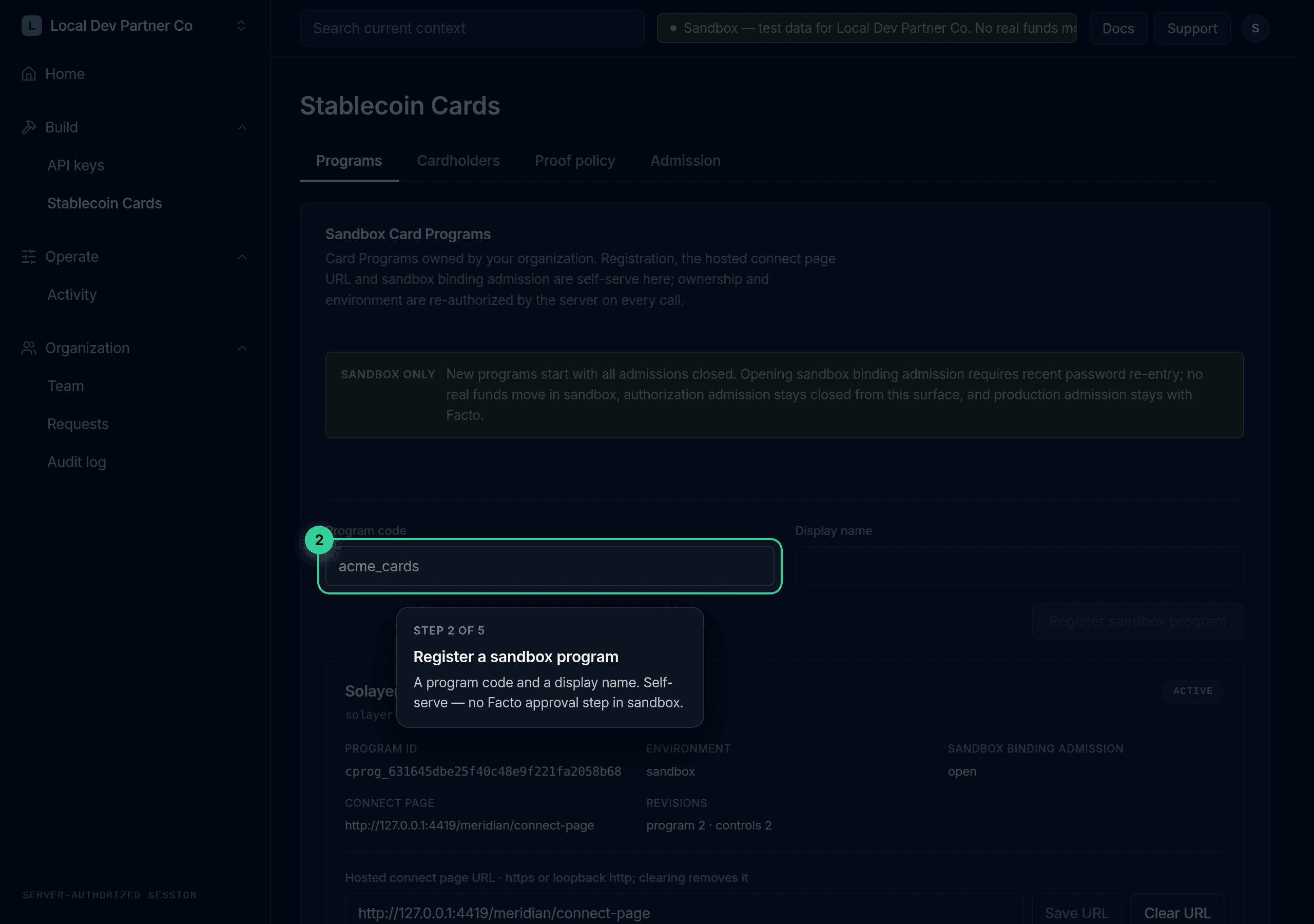 Register a sandbox program with a code and display name